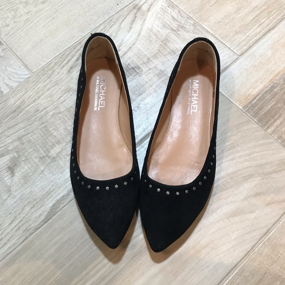 Michael Shannon Black Suede Pointed Toe Flats with Stud Accents, 7